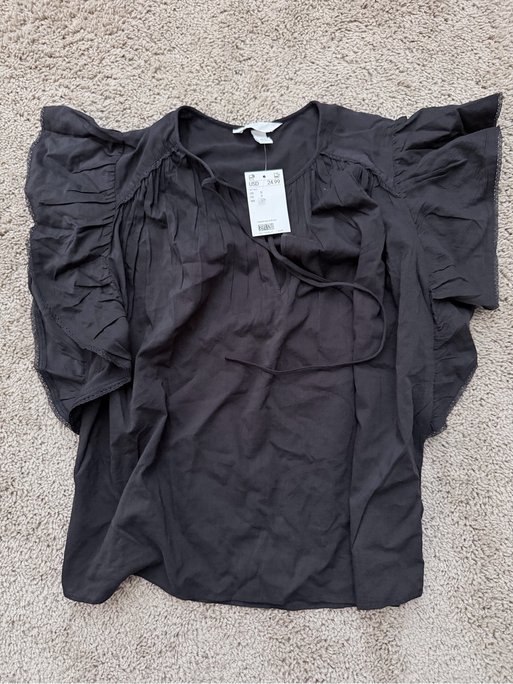 H&M Black Flutter-Sleeve Tie-Front Blouse